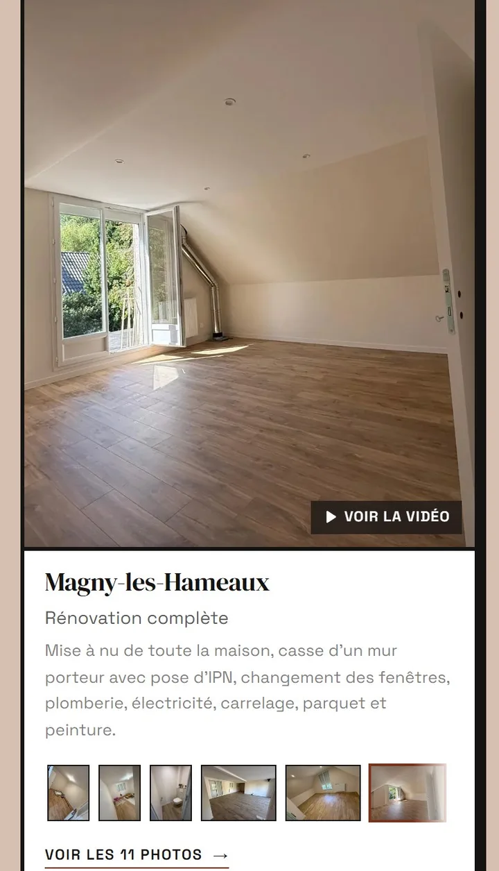 Le même site sur téléphone : la fiche d'un chantier.
