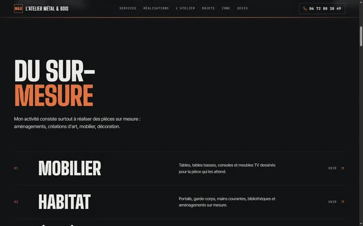 Proposition Forge : les catégories Mobilier et Habitat sur fond sombre.